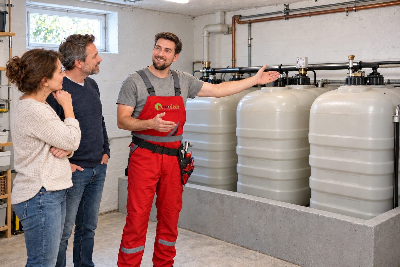 Ecodem-Monteur erklärt einem Ehepaar im Heizungskeller die Batterietank-Anlage